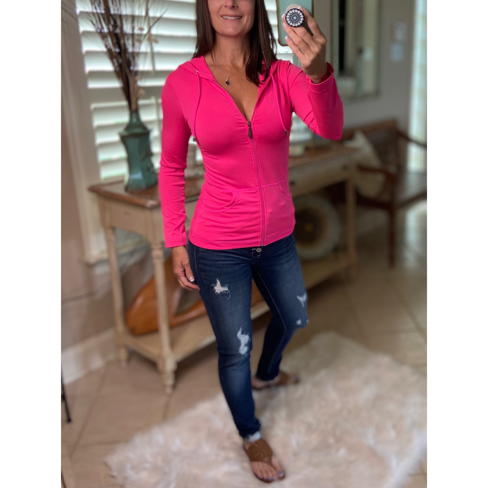 Sexy Sporty Slimming Seamless Zipper Lightweight Hoodie Jacket Pockets Neon Pink OS