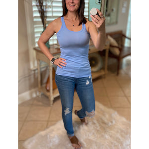 "Can't Touch This" Ribbed Low Scoop Boy Beater Cleavage Fitted Tank Top Spring Blue