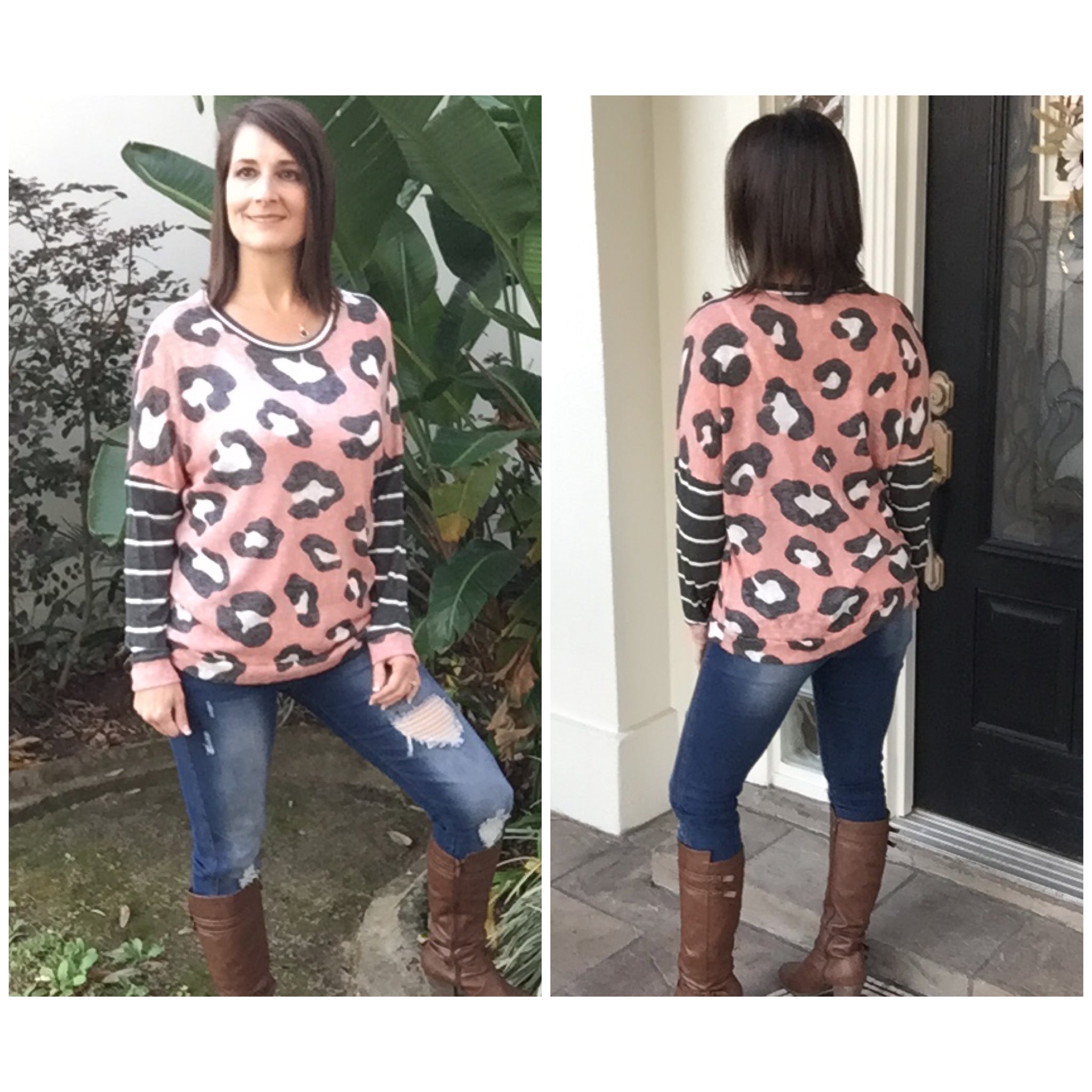 “Wild Thing” Round Neck Floaty Animal Print Leopard Striped Long Sleeve Pink S/M/L