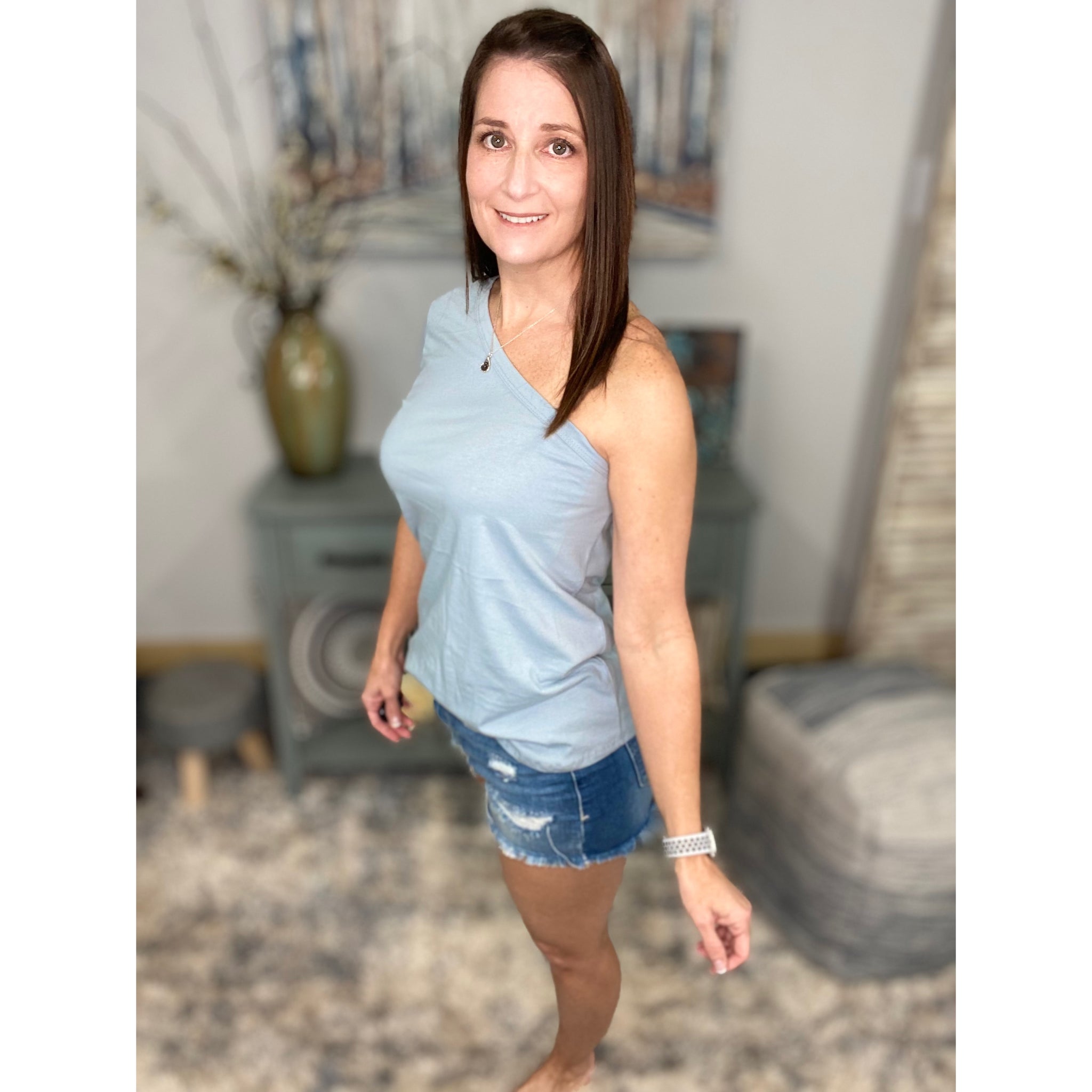 "We Are Strong" Sexy Top Womens Blue One Shoulder Short Sleeve Relaxed Cotton Beach