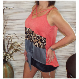 Sexy V-Neck Floaty Self Tie Animal Print Color Block Summer Tank Coral