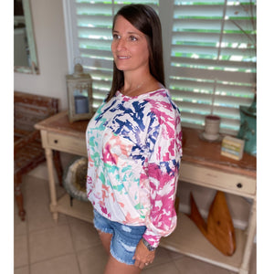 “Wild About You” Multi Tie Dye Wide Rounded Neck Off Shoulder Banded Long Sleeve Top Rose