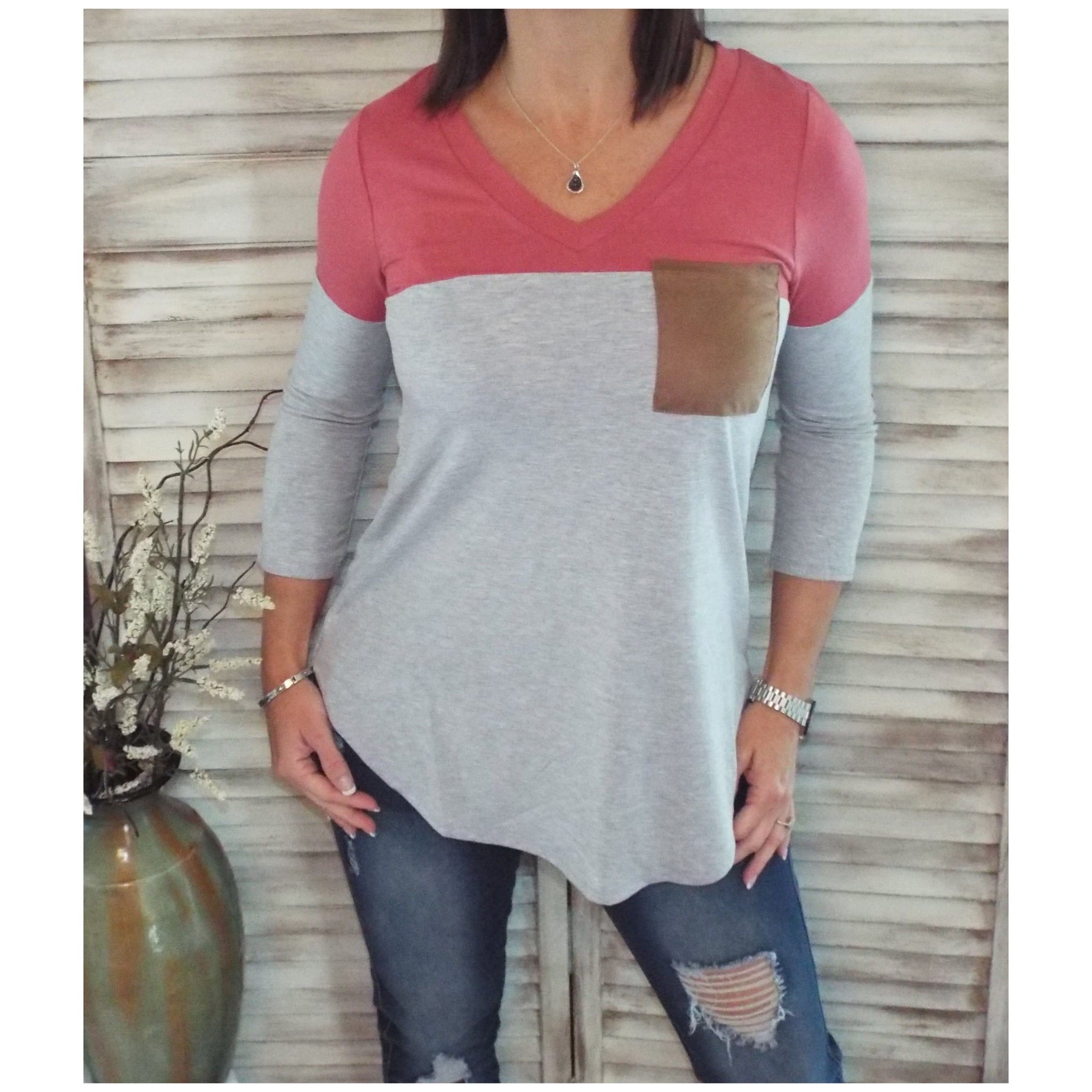 Suede Pocket Elbow Detail V-Neck Floaty Tunic 3/4 Sleeve Pink Gray S/M/L/XL