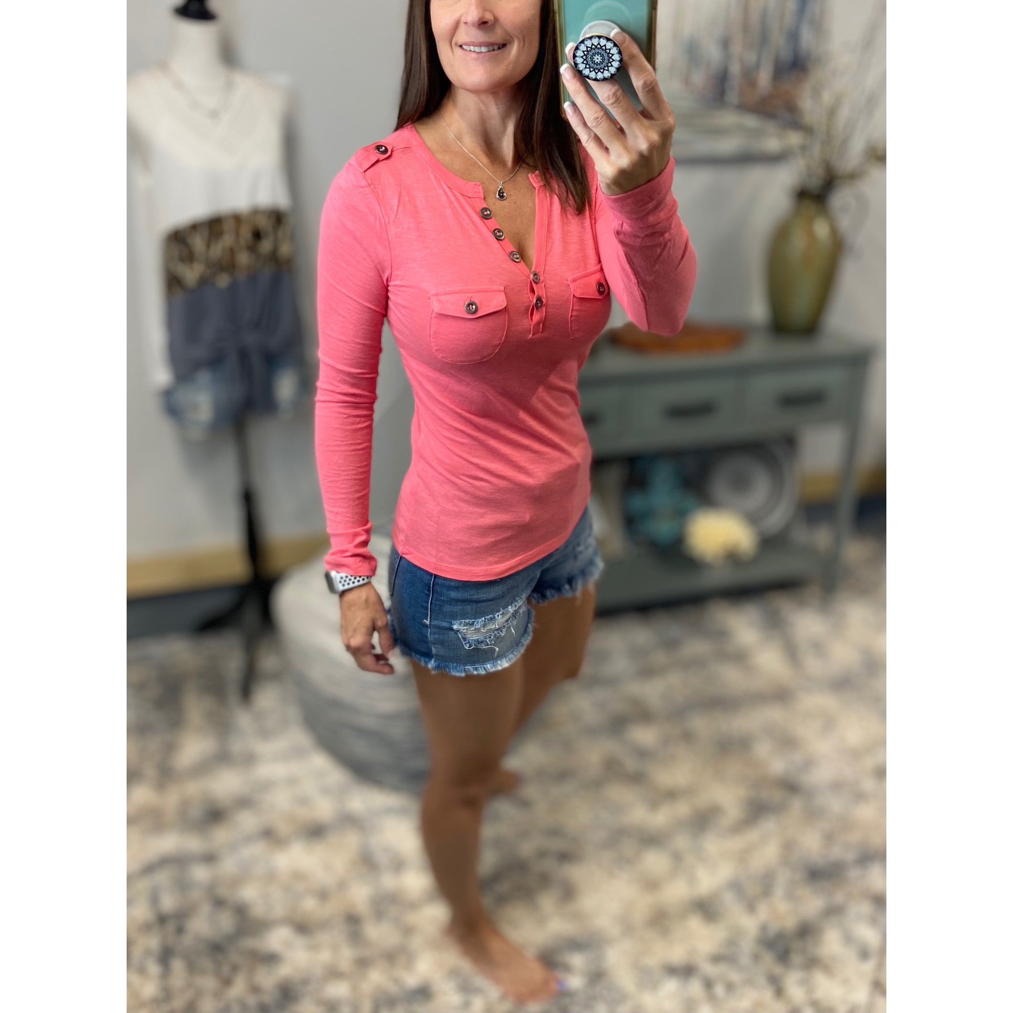 V-Neck Plunge Preppy Burnout Cleavage Military Henley Pocket Coral S/M/L