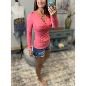 V-Neck Plunge Preppy Burnout Cleavage Military Henley Pocket Coral S/M/L
