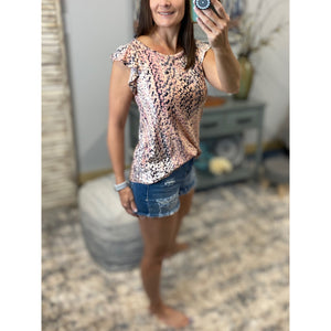 “I’ve Come a Long Way” Snake Print Short Flutter Ruffle Sleeve Round Neck Floaty Summer Blouse Top Pink