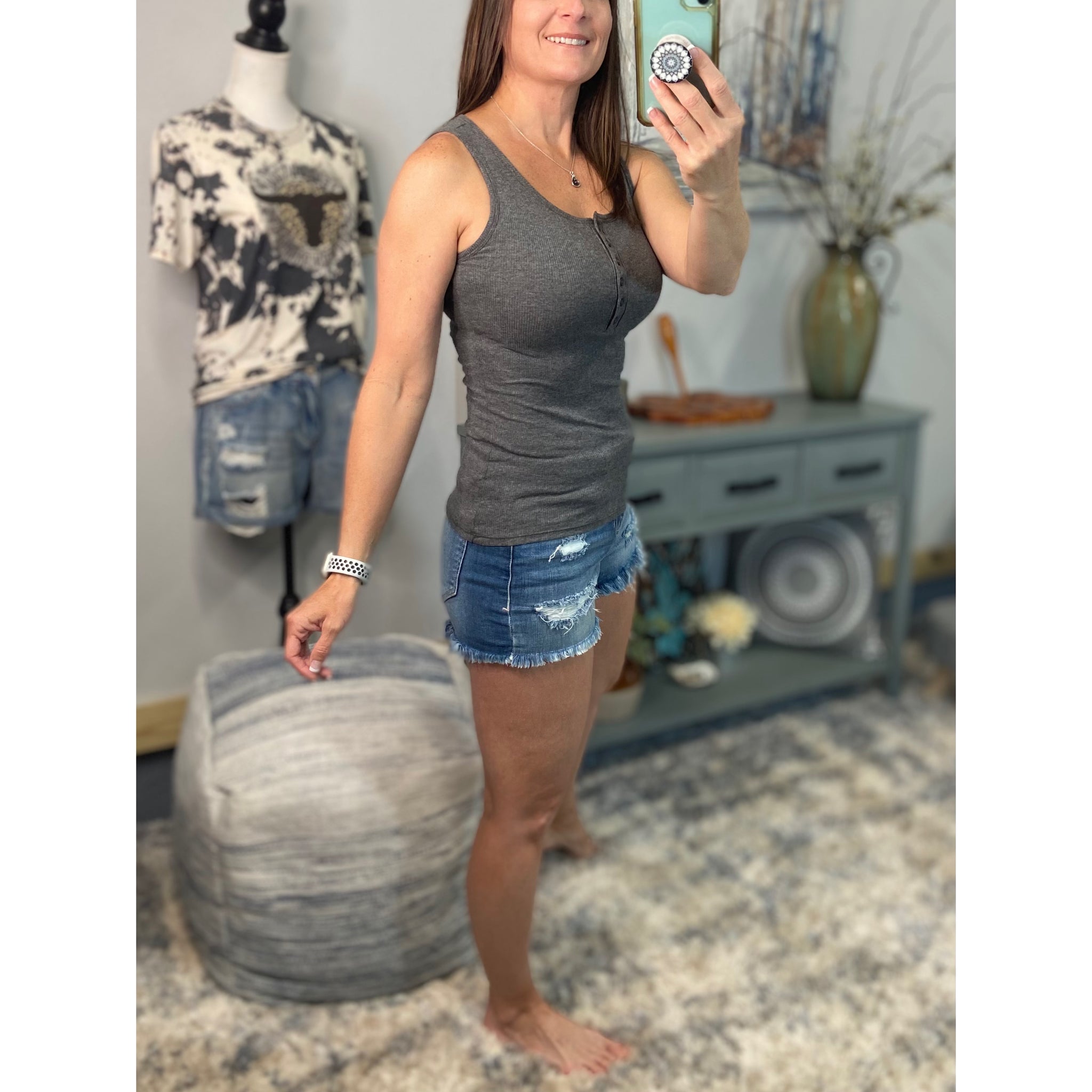 “Let The Sun Shine” Ribbed Henley Low Cut Boy Beater Cleavage Fitted Tank Top Gray