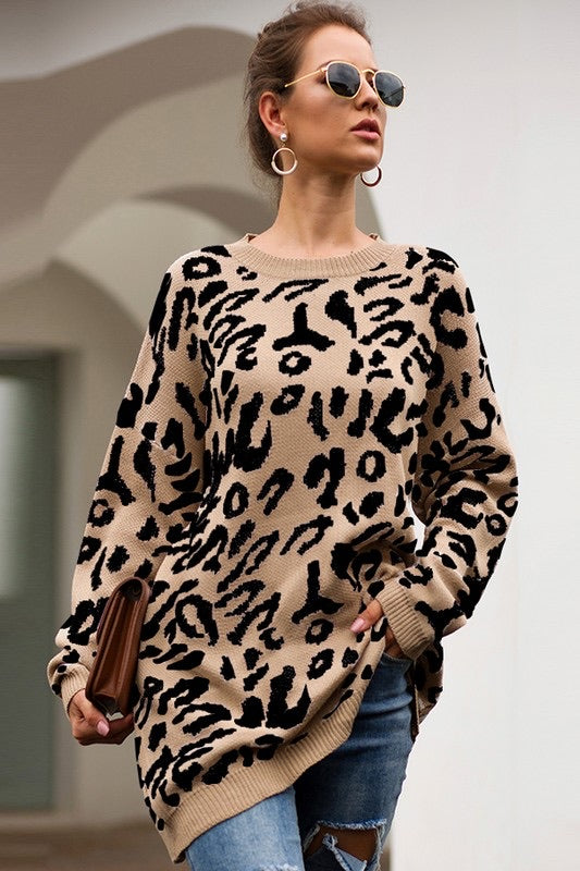 Oversized Leopard Bishop Sleeves Crew Neck Tunic Sweater Top Khaki Black