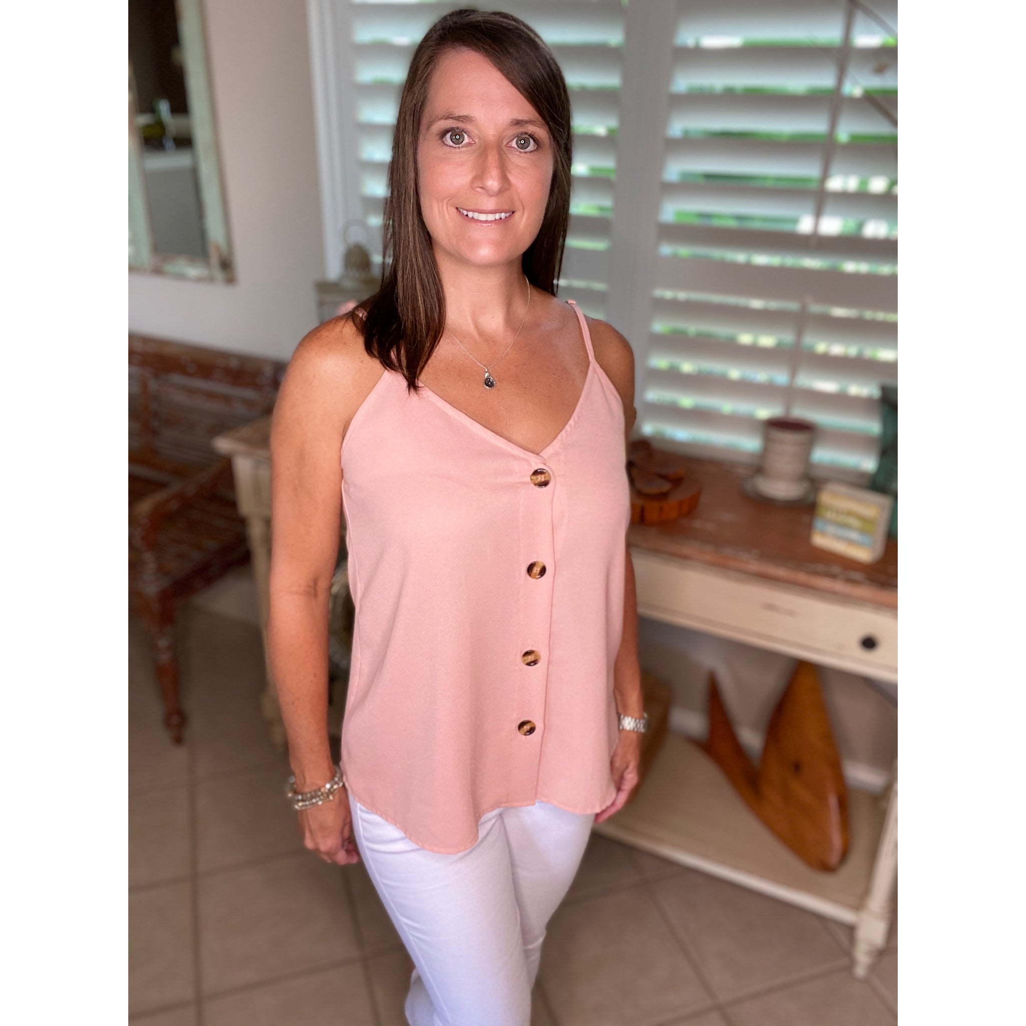 “Simply Perfect” V-Neck Button Up Floaty Spaghetti Strap Summer Tank Top Pink S/M/L/XL
