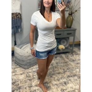 “Basic Babe” Low Cut V-Neck Cleavage Baby Slimming Basic Tee Shirt White 1X/2X/3X