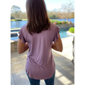 “Butterfly Kisses” Short Flutter Sleeve Round Neck Bottom Top Lilac S/M/L