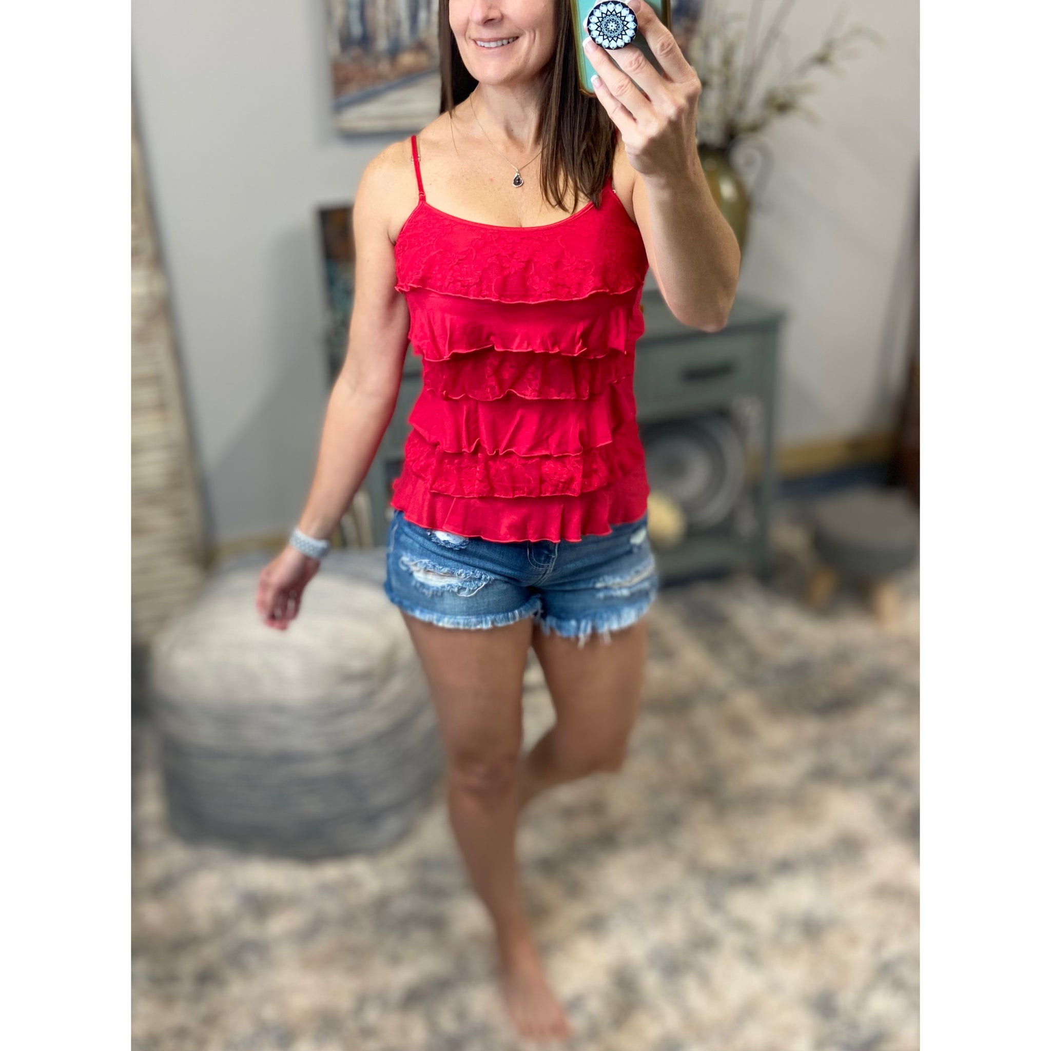 Tiered Ruffle Lace Scoop Neck Low Cut Cleavage Tank Cami Top Red 1X/2X/3X