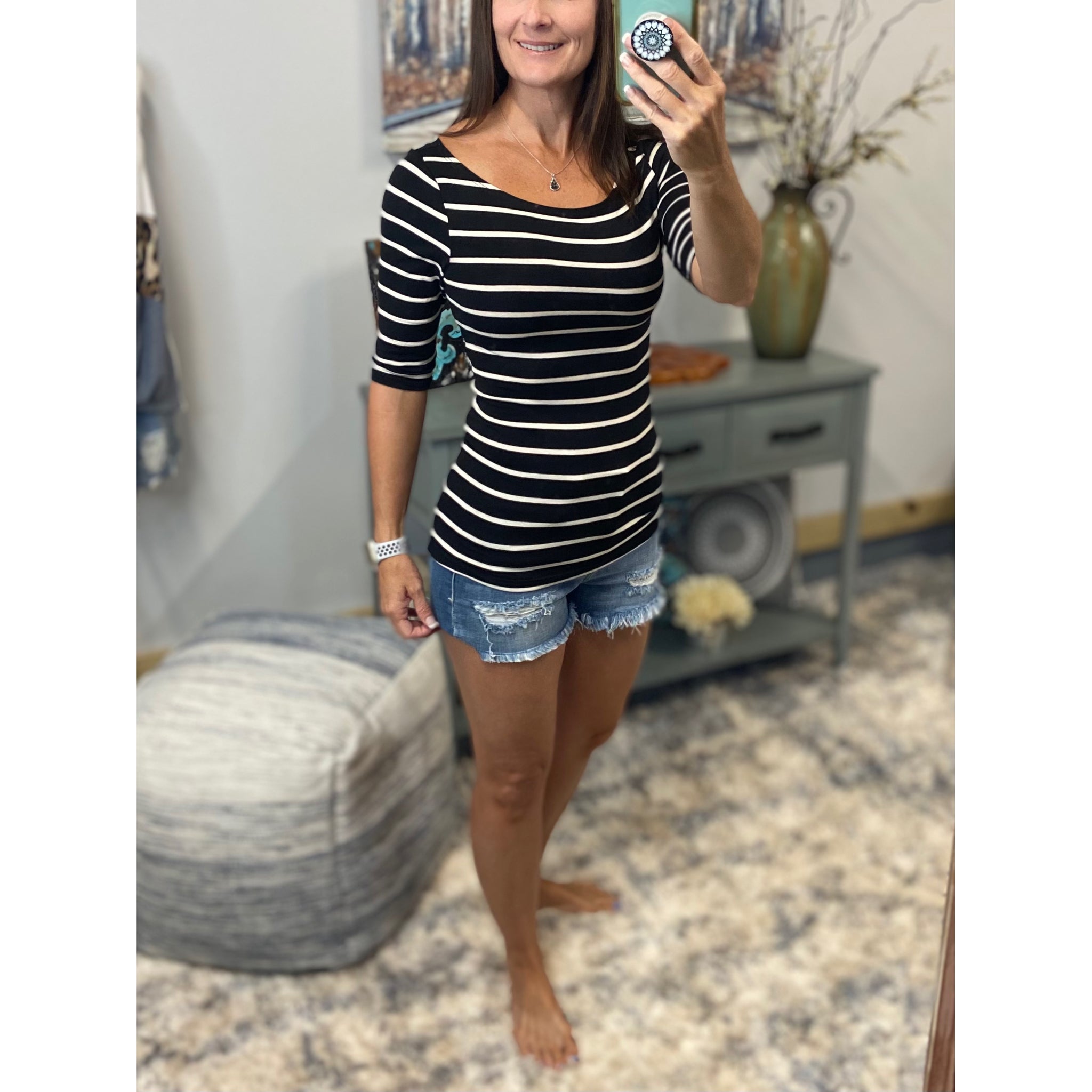 Boat Neck Preppy Striped Rugby Open Shoulder 3/4 Shirt Top Black