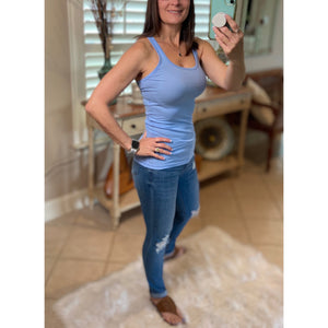 "Can't Touch This" Ribbed Low Scoop Boy Beater Cleavage Fitted Tank Top Spring Blue