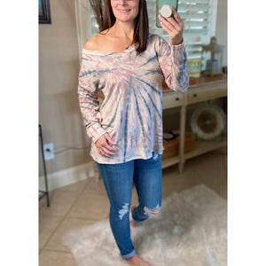 “Sunday Afternoon” Tie Dye French Terry V-Neck Long Sleeve Floaty Light Pink