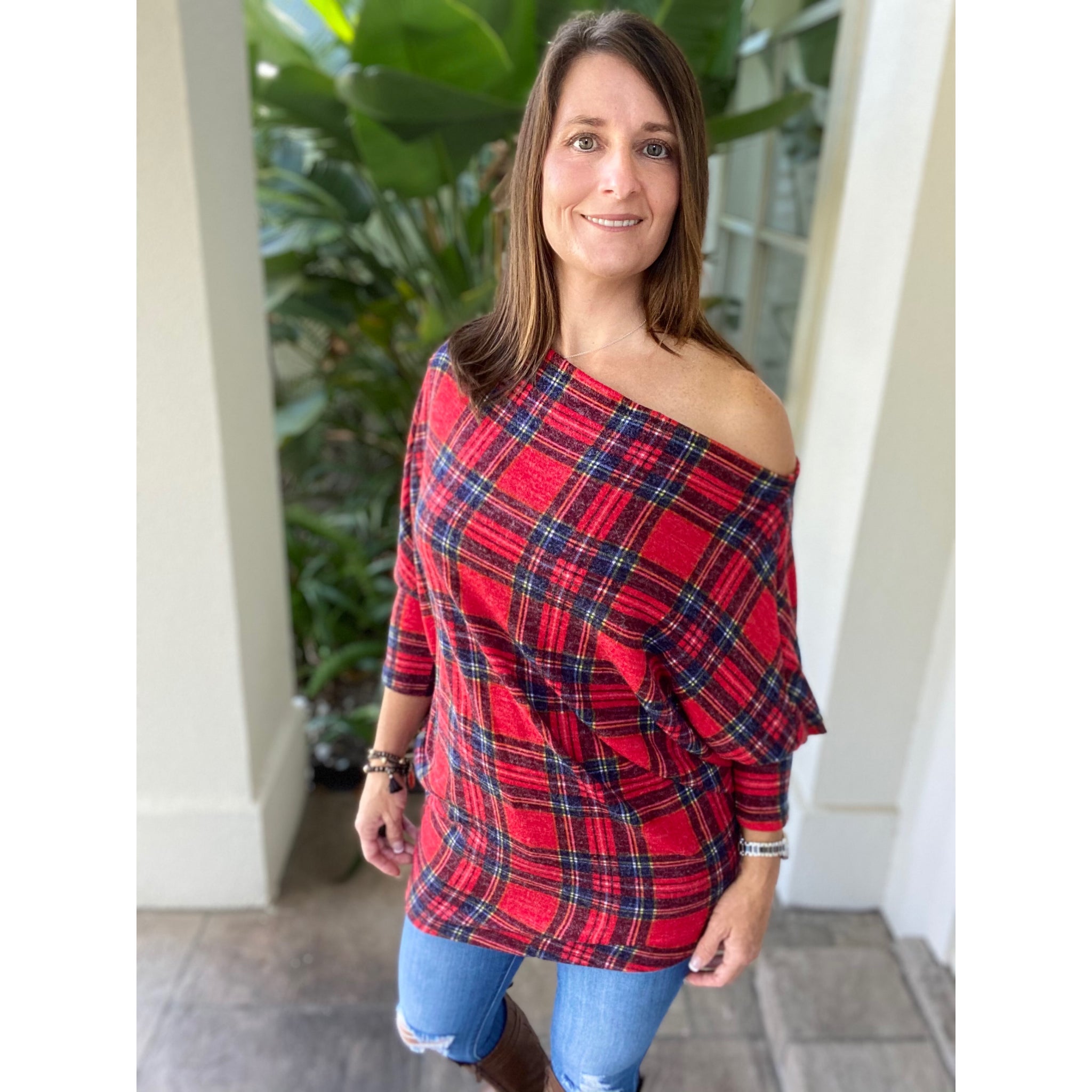 “Kick Up Your Heels” Plaid Off Shoulder Open Neck Dolman Long Sleeve Top Red S/M/L