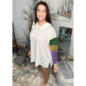 “Life of the Mardi” Mardi Gras Sequined Hoodie Shirt Parade Purple Green & Gold Ivory