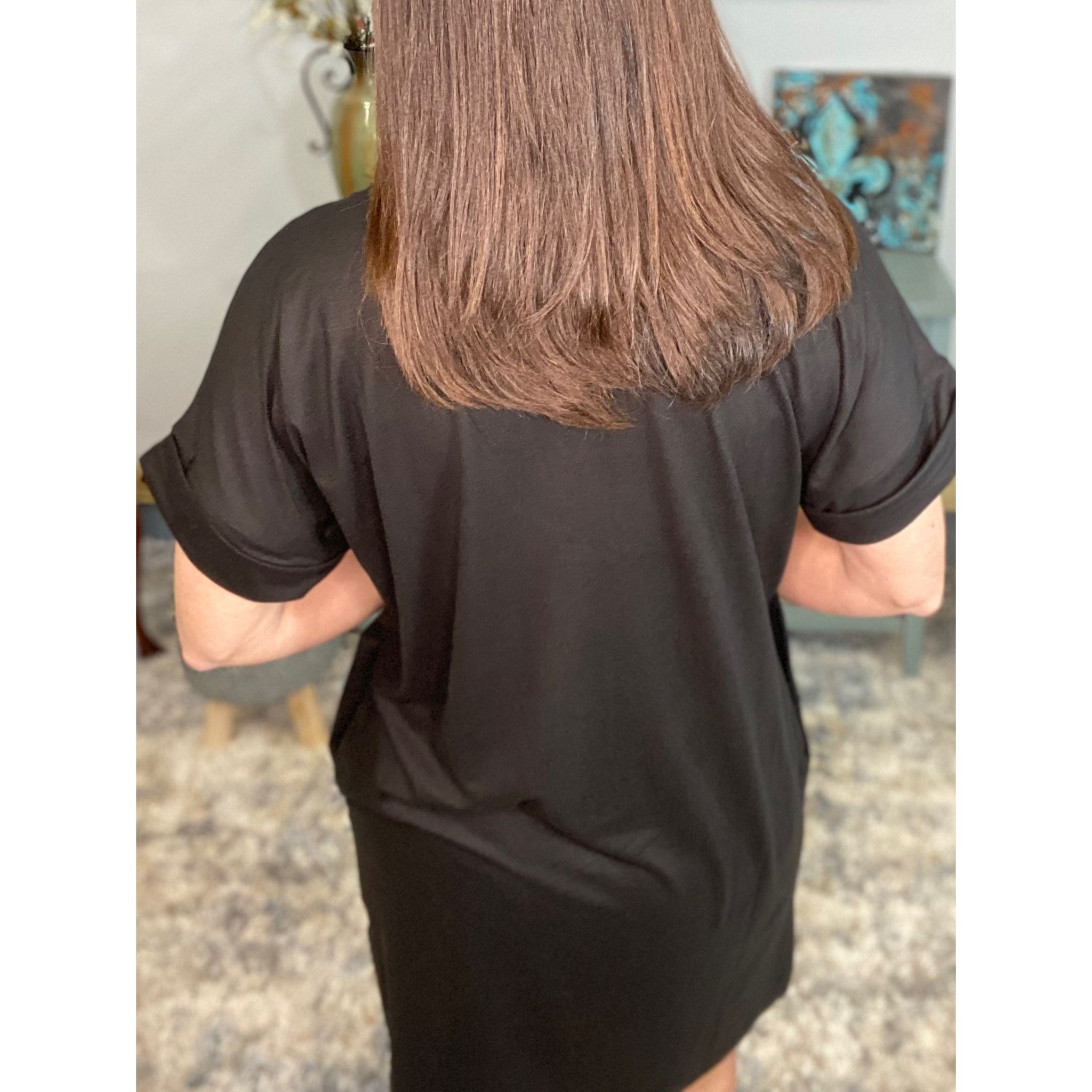 "Timeless" Boxy V-Neck Rolled Cuff Sleeve Pocket Summer Tee Shirt Dress Black S/M/L/XL