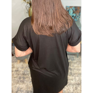"Timeless" Boxy V-Neck Rolled Cuff Sleeve Pocket Summer Tee Shirt Dress Black S/M/L/XL
