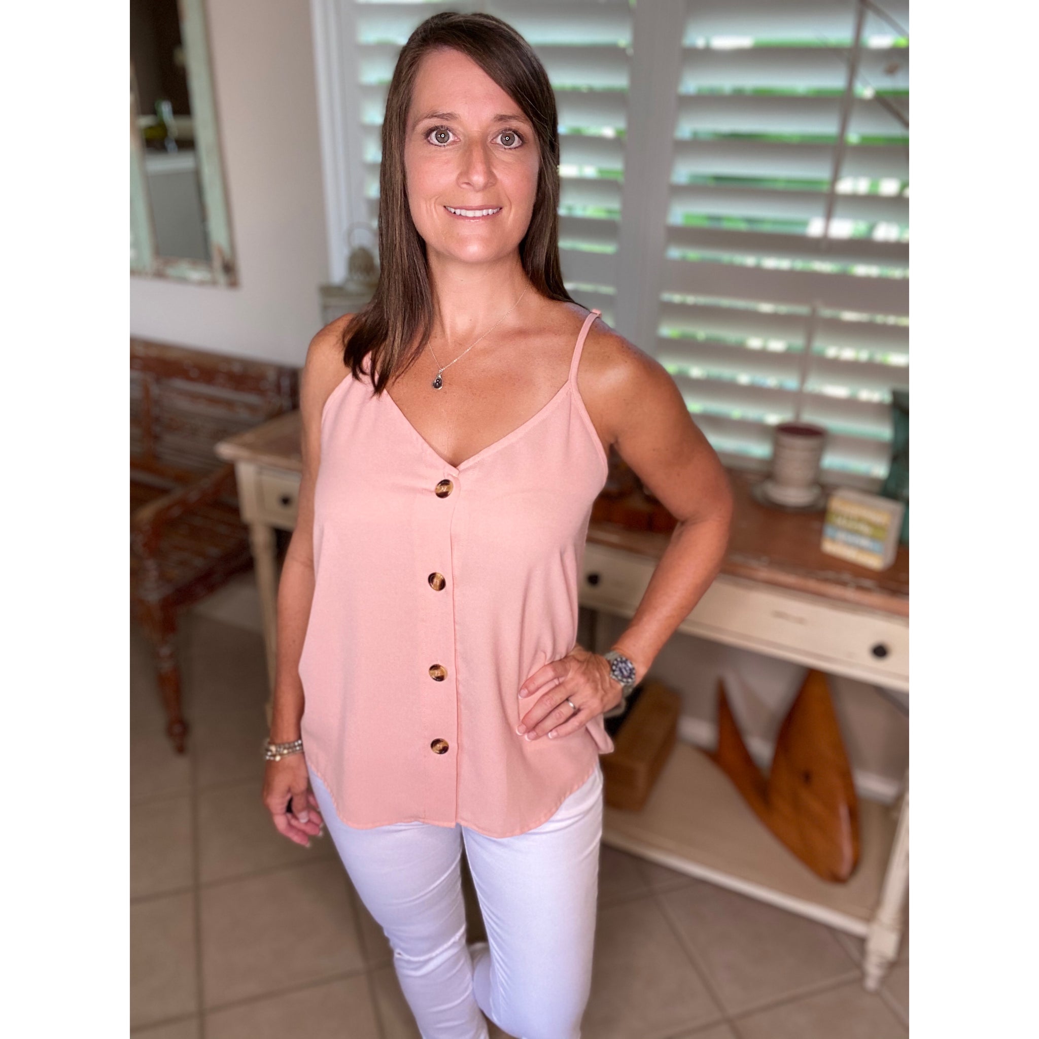 “Simply Perfect” V-Neck Button Up Floaty Spaghetti Strap Summer Tank Top Pink S/M/L/XL