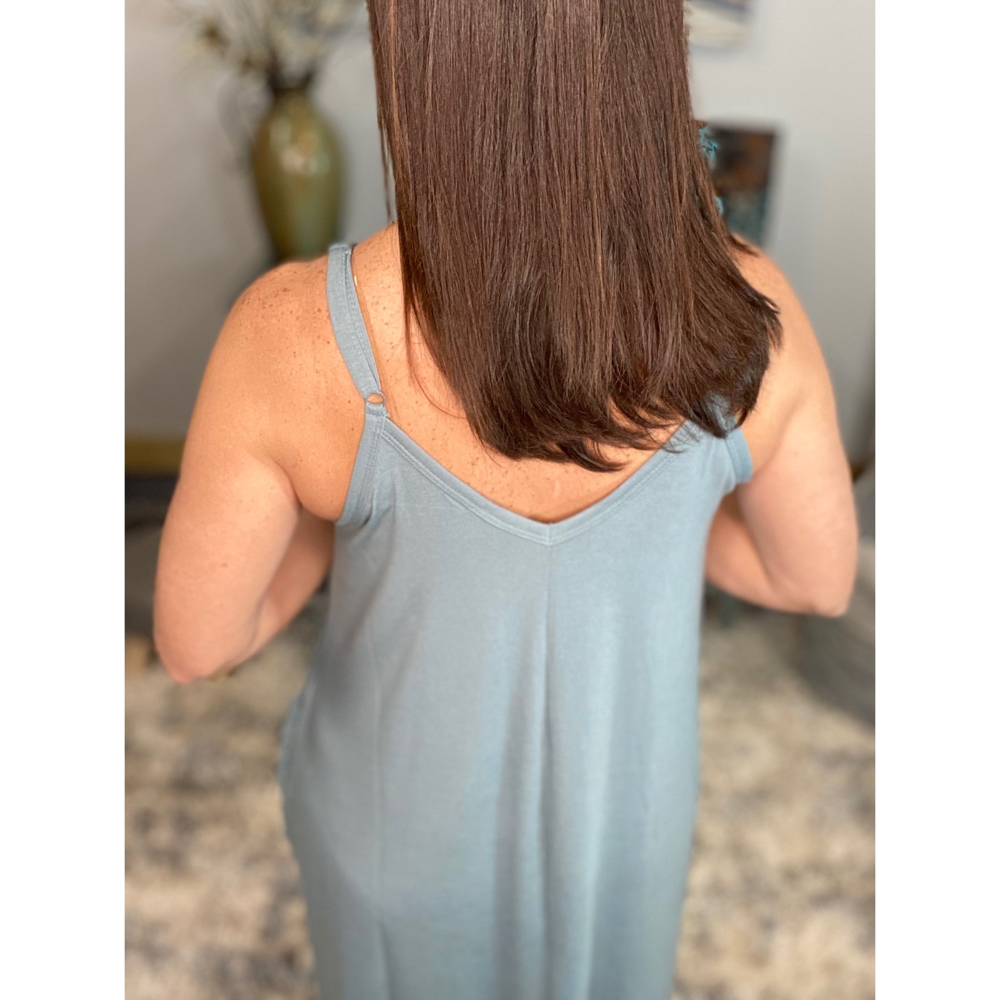 “Just A Little Bit Longer” V-Neck Cami Tank Maxi Long Tube Pocket Dress Blue S/M/L/XL