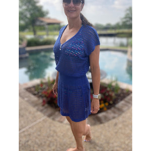 “Ocean Eyes” Crochet Mesh V Neck Mini Beach Swimsuit Cover Up Beach Pool Royal Blue One Size