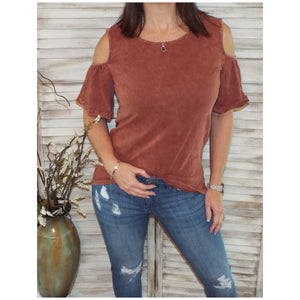 Sexy Scoop Neck Bell Sleeve Cold Shoulder Cutout Top Mineral Wash Rust