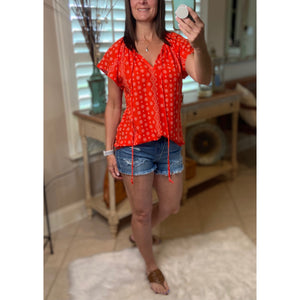 “Wildflower” Floral Dressy Self Tie Keyhole Short Sleeve Round Neck Lightweight Top Red