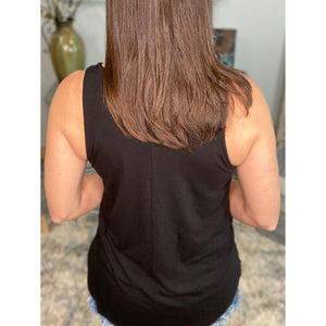 “Free Fallin” Scoop Neck Sleeveless Leopard Pocket Summer Floaty Tank Top Black