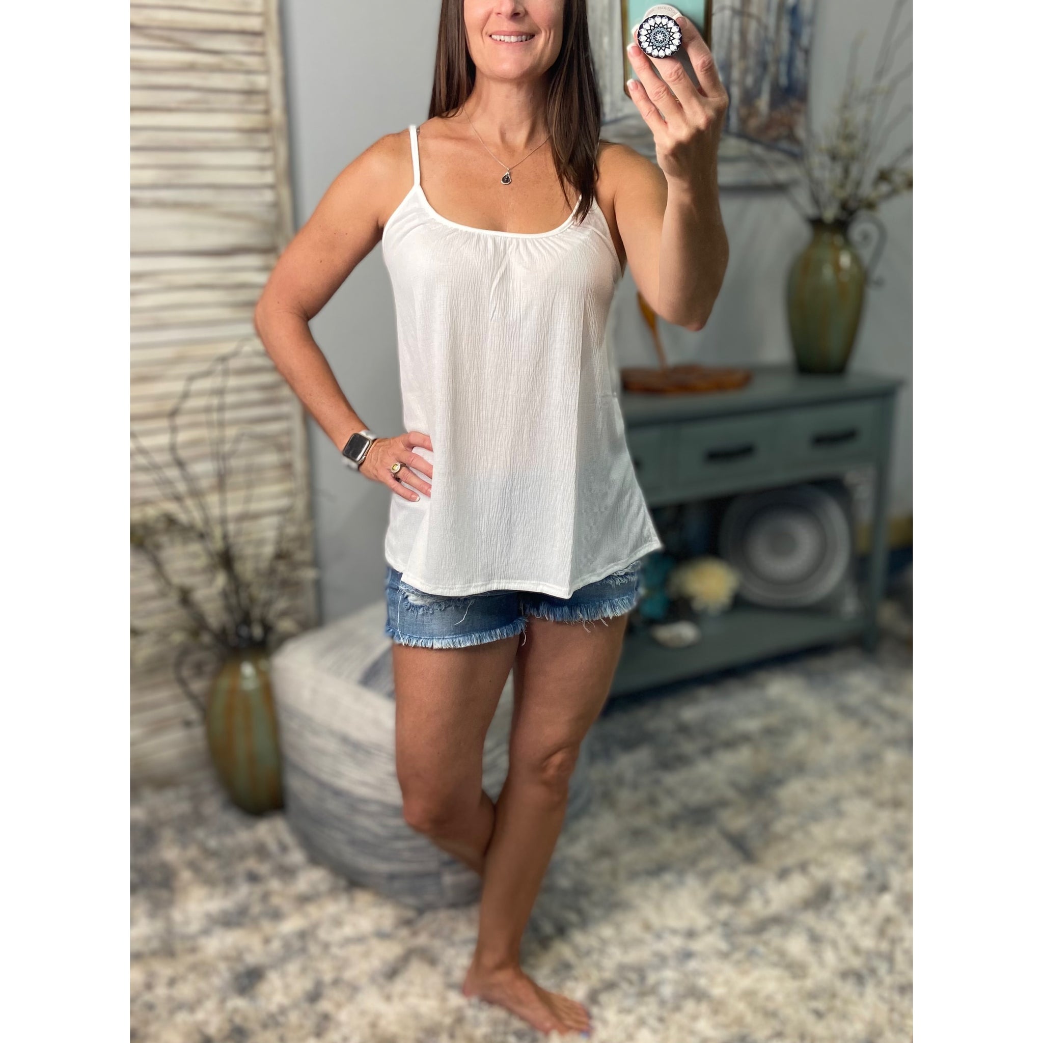“Go With The Flow" Scoop Neck Spaghetti Strap Floaty Textured Sleeveless Summer Tank Top White
