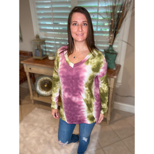 “Summertime Blues” Tie Dye Vertical Print V-Neck Long Sleeves Pink Green