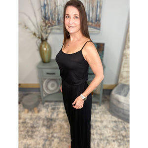 “A Girl’s Summer” Scoop Neck Drape Elastic Waist Spaghetti Strap Cami Tank Maxi Long Dress Black