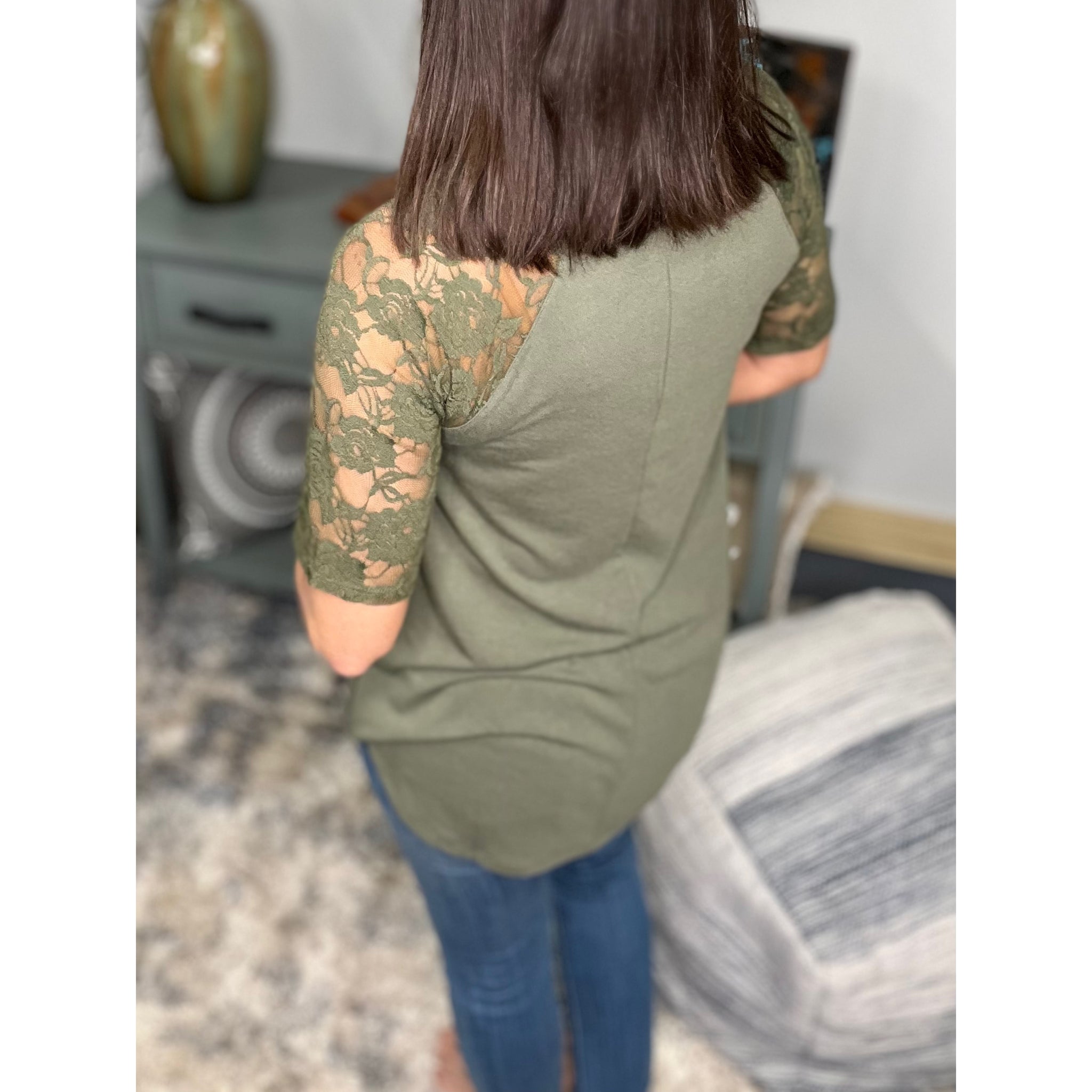 "All About The Lace" Lace Short Sleeve V Neck Rounded Bottom Dressy Floaty Girly Olive Green