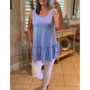 Ruffle Bottom Scoop Neck Sleeveless Floaty Tunic Tank Top Spring Blue