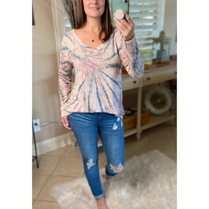 “Sunday Afternoon” Tie Dye French Terry V-Neck Long Sleeve Floaty Light Pink