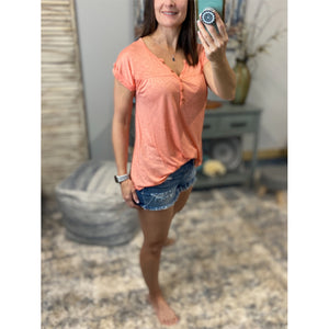 “Just Be You” Sheer Burnout Melange Tissue V-Neck Henley Tab Sleeve Shirt Floaty Tee Peach