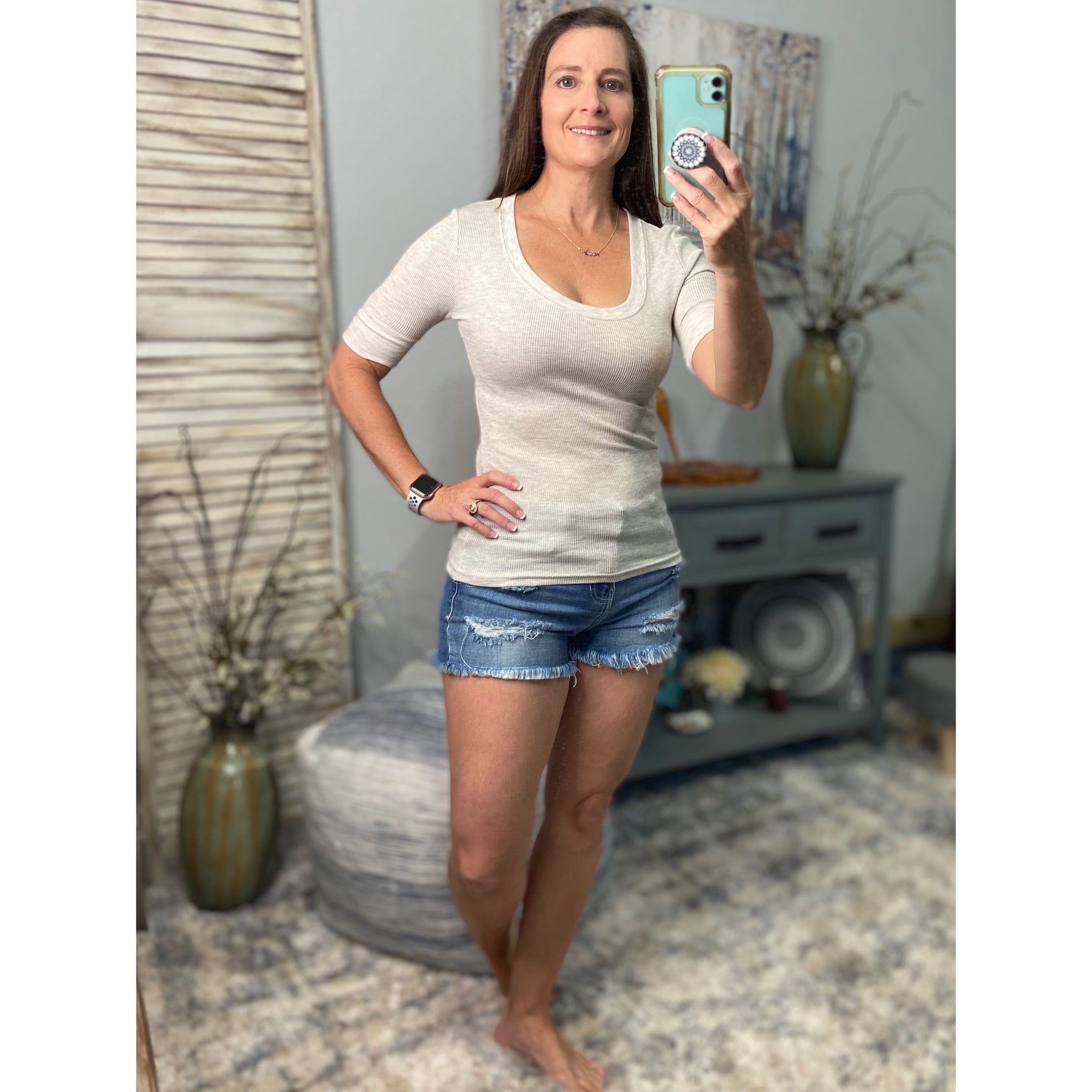 Waffle Scoop Neck Low Cut Thermal Cleavage Basic Baby Tee Top Taupe S/M/L