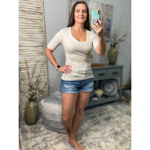 Waffle Scoop Neck Low Cut Thermal Cleavage Basic Baby Tee Top Taupe S/M/L