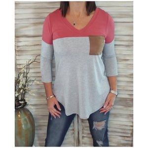 Suede Pocket Elbow Detail V-Neck Floaty Tunic 3/4 Sleeve Pink Gray S/M/L/XL