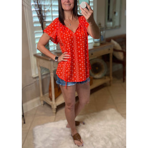 “Wildflower” Floral Dressy Self Tie Keyhole Short Sleeve Round Neck Lightweight Top Red