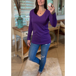 “Be My Baby” Loose Slimming V-Neck Low Cut Long Sleeve Tissue Basic Baby Shirt Top Purple
