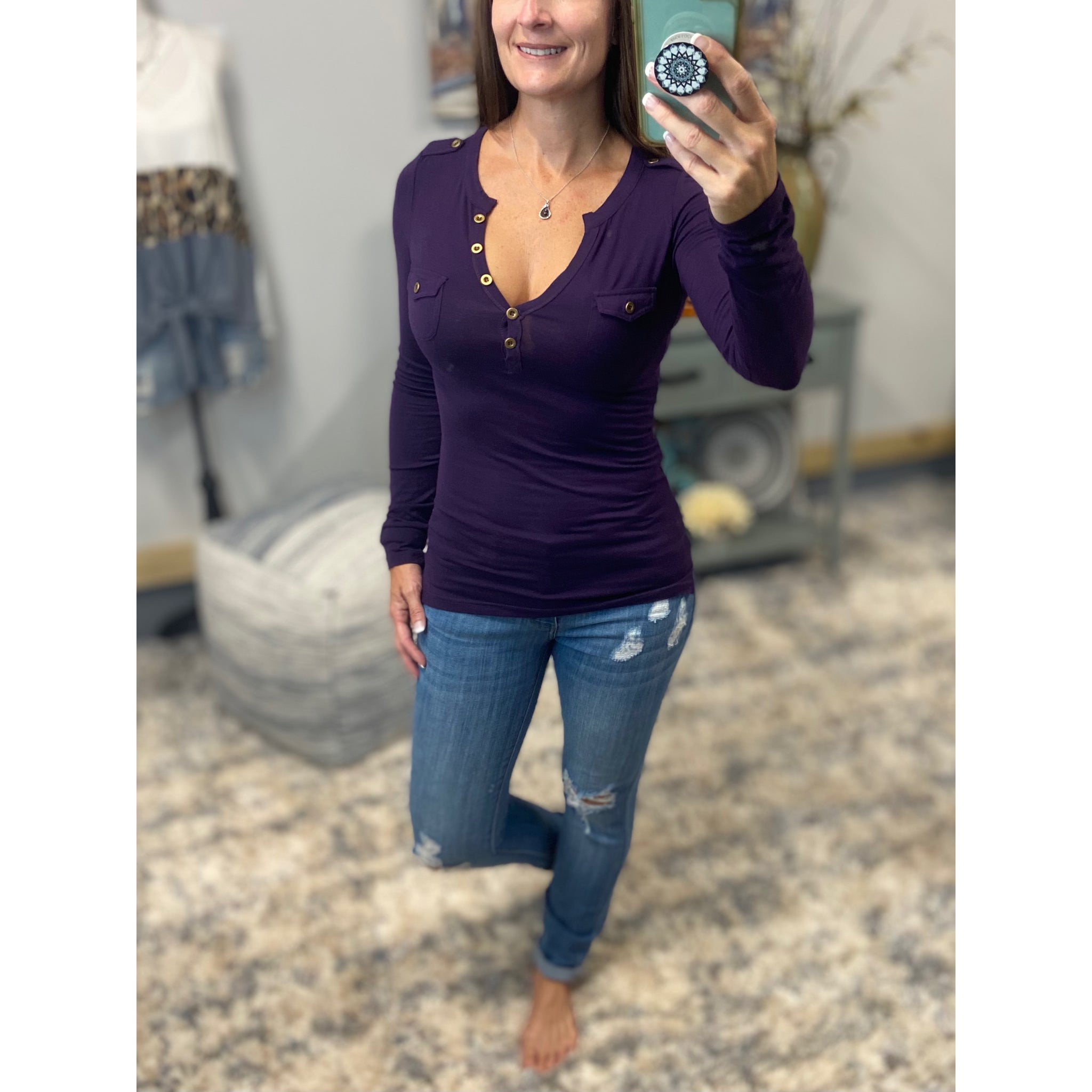 Long Sleeve Deep V Neck Plunge Cleavage Military Henley Pocket Top Purple