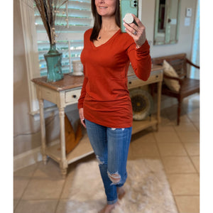 “Be My Baby” Loose Slimming V Neck Low Cut Long Sleeve Tissue Basic Baby Shirt Top Rust