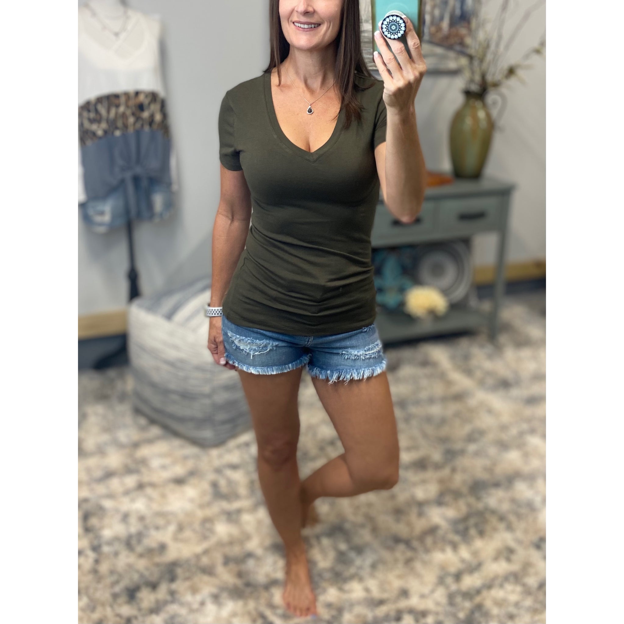 “Basic Babe” Low Cut V-Neck Cleavage Baby Slimming Basic Tee Shirt Dk Olive S/M/L/XL