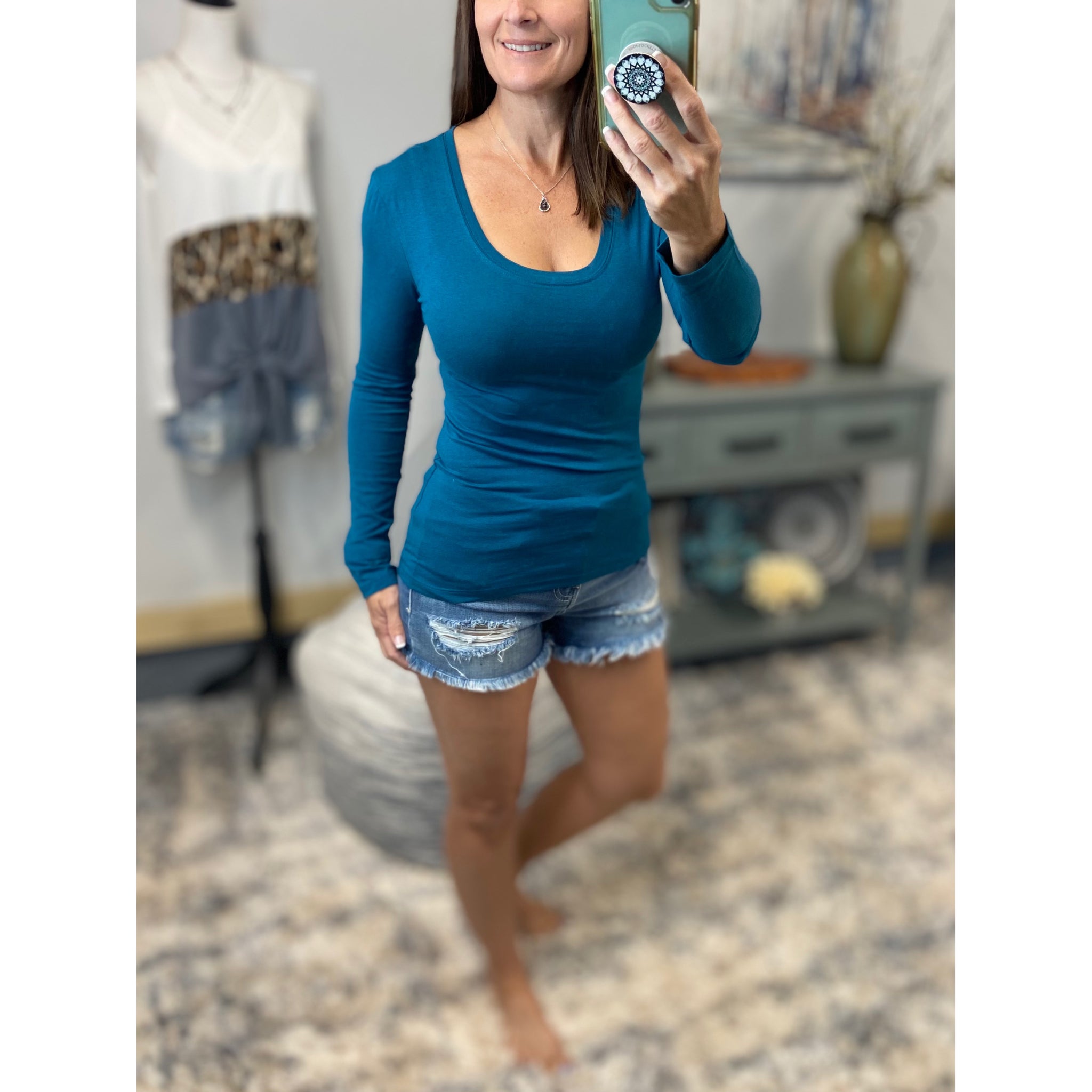 “Easygoing” Slimming Scoop Neck Low Cut L/S Tissue Basic Baby Shirt Teal 1X/2X/3X