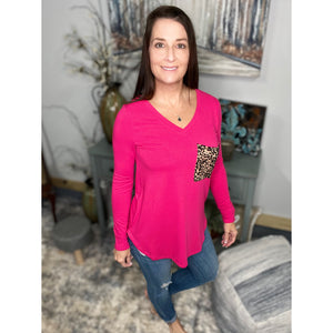 “Blind Faith“ V Neck Soft Jersey Knit Floaty Animal Print Leopard Pocket Long Sleeve Hot Pink