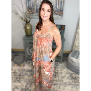 “In The Springtime” Maxi Dress Tie Dye French Terry V Neck Cami Tank Long Tube Pocket Summer Peach Blue