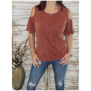 Sexy Scoop Neck Bell Sleeve Cold Shoulder Cutout Top Mineral Wash Rust