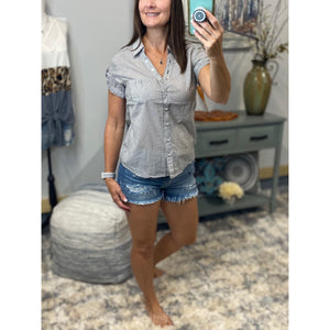 “Never Too Much” Striped V Neck Preppy Country Collar Pocket Button Up Short Tab Sleeve Navy
