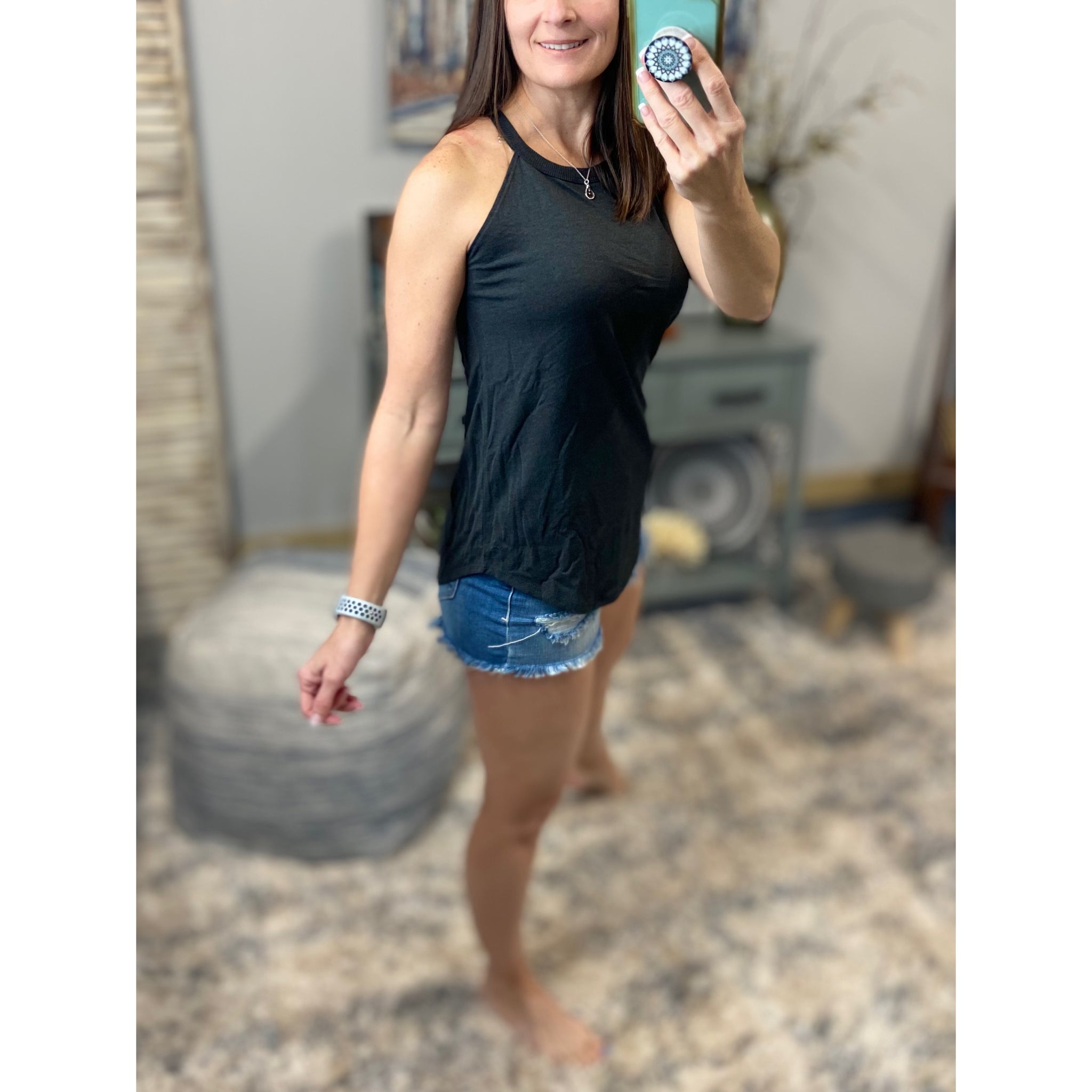 Tri Rocker Racerback Round Neck Floaty Trendy Tank Top Summer Charcoal Gray